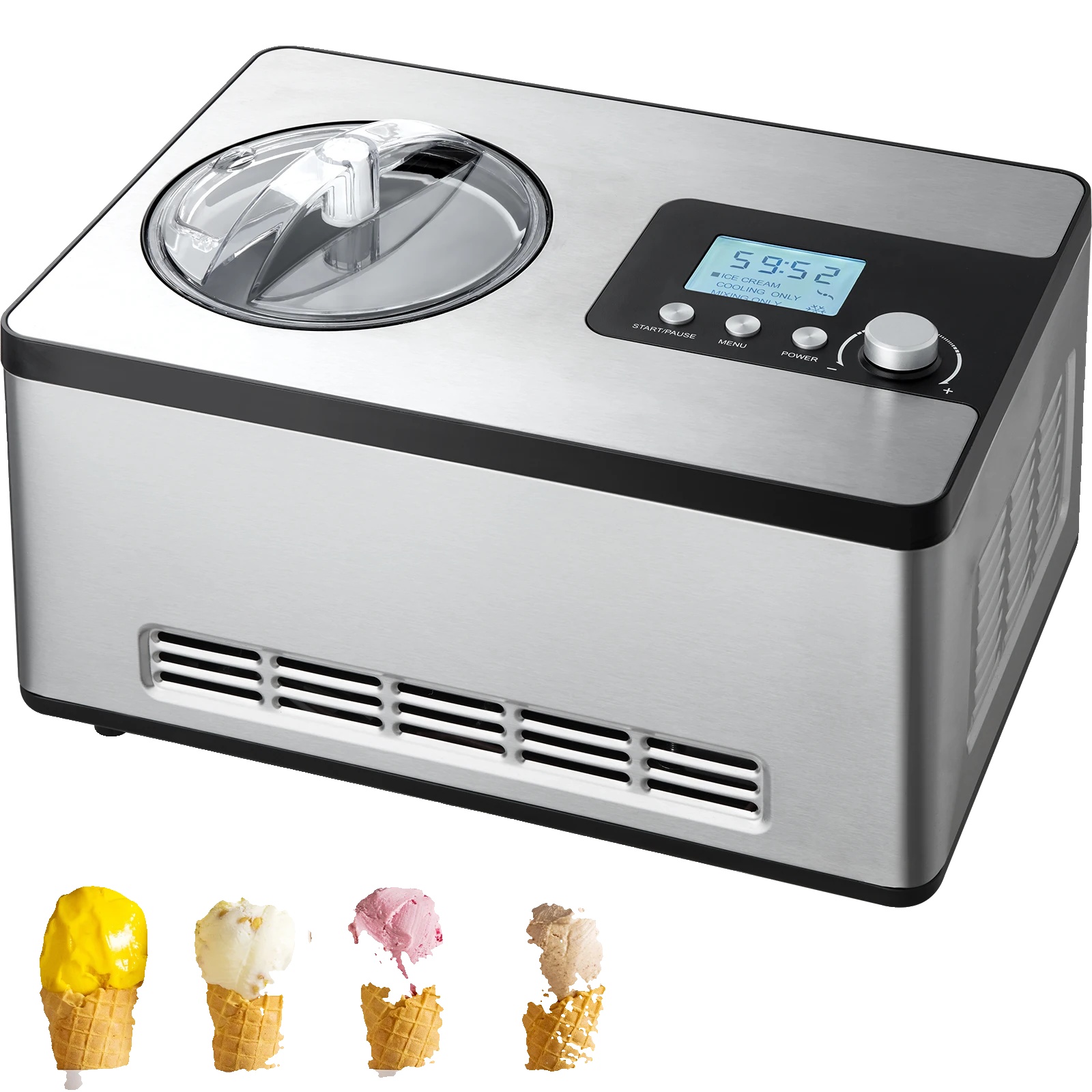 Eismaschine, 2 Liter Fassungsvermögen, 180 W Leistung, 120 V Wechselstrom, 60 Hz Spannung, Geräuschpegel ≤ 60 Db(a), Kältemittel R134a