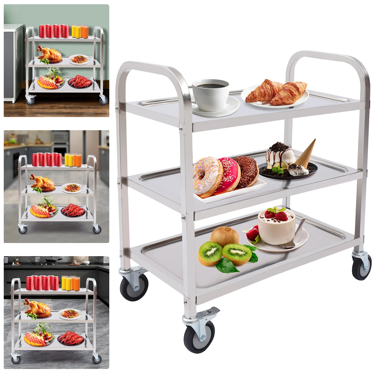 Servierwagen, Edelstahl 201, 75 X 40 X 83,5 Cm, 20 Kg Tragkraft Pro Ebene, 3 Ebenen, Rechteckige Form