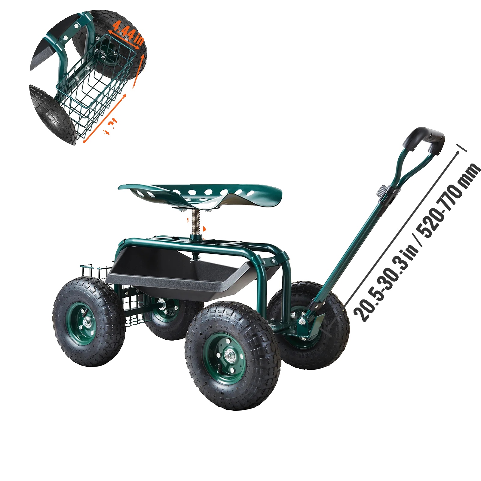 Rollbarer Gartenwagen, Ergonomisches Design, Verstellbare Lenkung, Grün