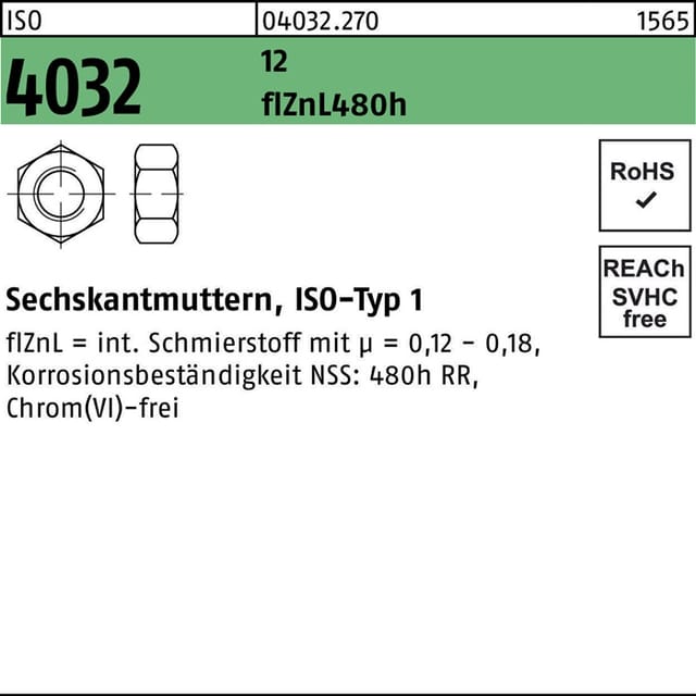 Sechskantmutter iso 4032 m 10 12 flZnL 480h zinklamellenbesch.