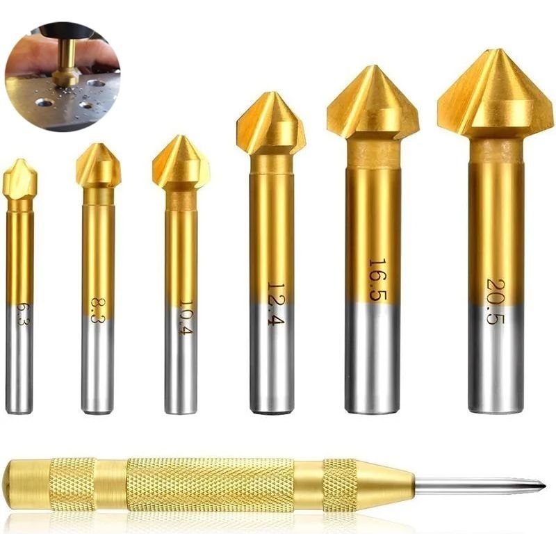 6er-set 90°-bohrer – Hss-stahl Mit Titanbeschichtung – Durchmesser 6,3–20,5 Mm – Messing-zentrierdorn – Für Stahl, Aluminium Und Pvc