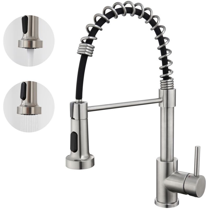 360° Drehbare Küchenarmatur Mit 3-strahl-ausziehbrause Aus Edelstahl, Spültischarmatur, Oberfläche In Gebürstetem Chrom
