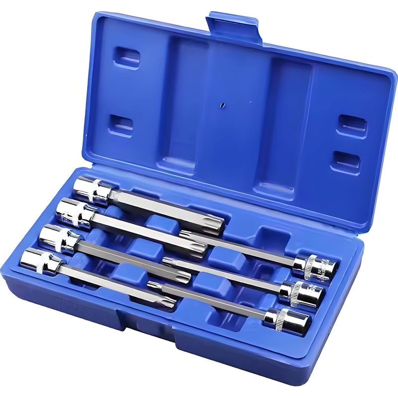 7-teiliger 3/8"-außengewindeschlüsselsatz Für Lange Bits T25, T30, T40, T45, T50, T55 Und T60, 110 Mm, Mit Koffer. Satz Mit 7 Langen Bits Von T25 Bis T60.