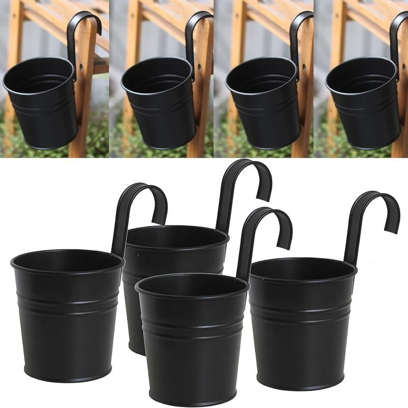 Set Mit 4 Schwarzen Hängeblumentöpfen Aus Metall – Abnehmbarer Haken – Durchmesser 10 Cm – Höhe 8 Cm – Für Balkon, Garten, Innen- Und Außenbereich