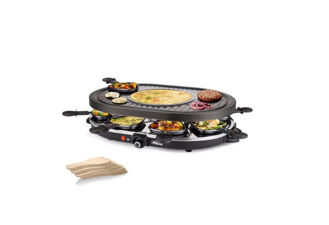Raclette für 8 Personen Partygrill, Grillplatte oval mit Crêpefläche 1200 Watt