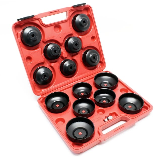 Lfilterkappen Set 14-teilig, Ölfilterschlüssel 65-100 mm, 10 mm Aufnahme, plus Adapter im Werkzeugkoffer, Ölwechsel Werkzeug aus Stahl - Wiltec