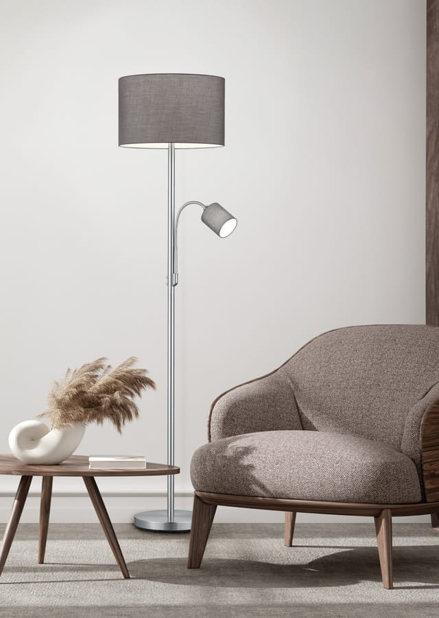 Stehleuchte hotel Silber mit Leselampe, Stoffschirm Grau, Höhe 170cm