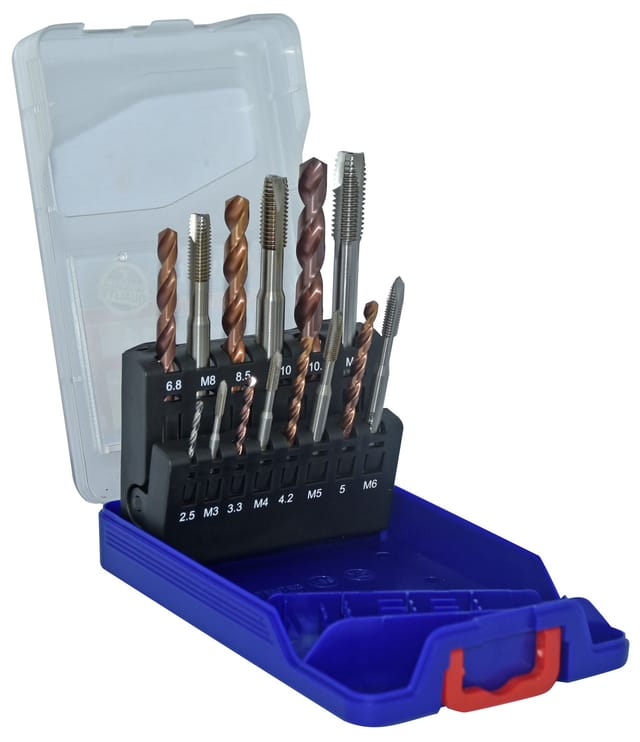 PRO-Box 14 Stück • 7 HSS-Maschinengewindebohrer M3 bis M12 • 7 HSS-Metallbohrer Ø2,5 mm bis Ø10,2 mm • Lange Lebensdauer • Hergestellt in Frankreich