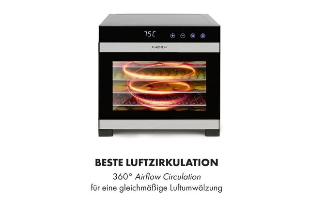 Klarstein - Flavour Dry Dörrautomat, Edelstahl-Gehäuse, 6 Edelstahl-Ablagegitter, Temperatur: 35-75 c°, LCD-Touch-Display, Timer: 30 min.-24h, 360°