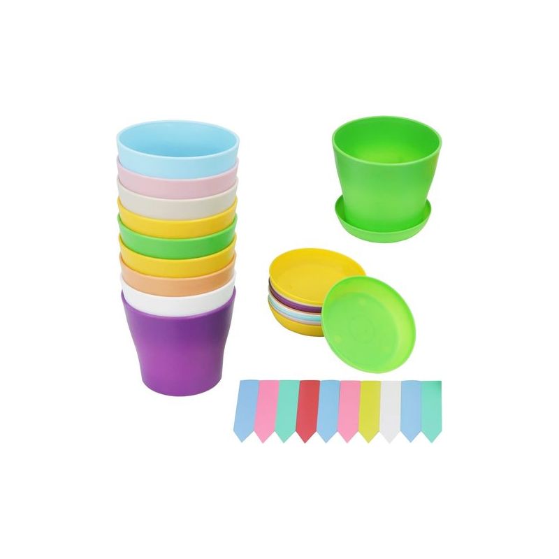 Taishengda – Set Mit 10 Kleinen Kunststoff-blumentöpfen Für Garten, Büro Und Schlafzimmer Mit Untersetzern, 8 Farben Und 10 Pflanzenetiketten
