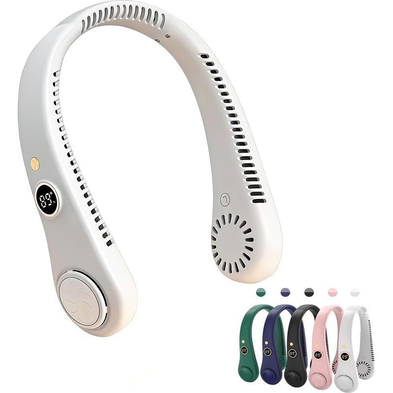Tragbarer, Klingenloser Nackenventilator, Usb-aufladbar, Mit Digitalanzeige, 5 Geschwindigkeitsstufen, 360° Verstellbarer Luftstrom, Ideal Für Damen Und Herren, Weiß