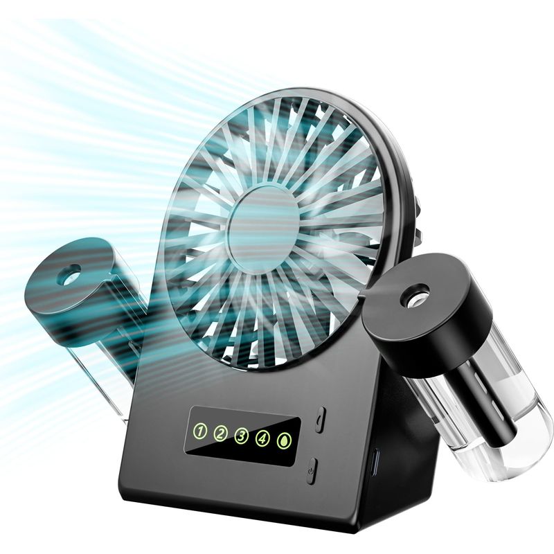 Tragbarer Tischventilator Mit 2 Sprühluftbefeuchtern, Mini-usb-ventilator Mit 4 Einstellbaren Windgeschwindigkeiten, Kleiner, Leiser Ventilator Mit Led-anzeige Für Zuhause Und Büro – Schwarz