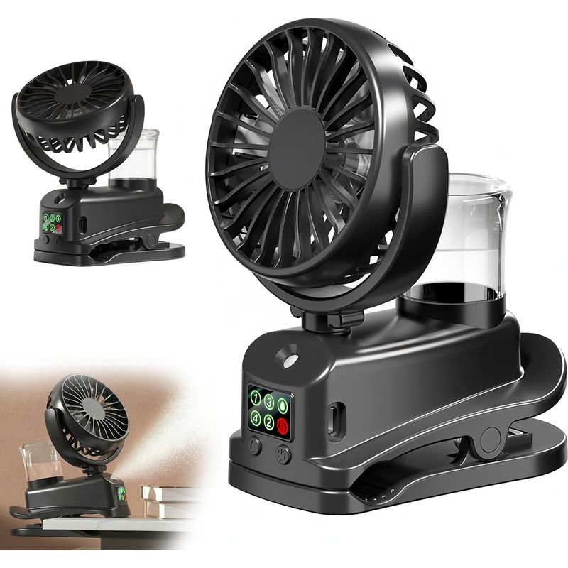 Mini-usb-clip-ventilator, Wiederaufladbarer Mini-ventilator Mit Luftbefeuchter-sprühfunktion, 4 Geschwindigkeitsstufen, Tischventilator, Tragbarer Mini-ventilator Für Zuhause, Tisch Und Büro (schwarz)