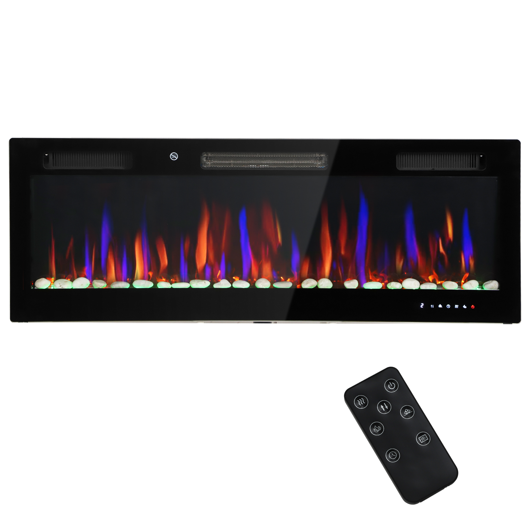 Ultradünner, Eingebauter Elektrokamin Mit 3d-flammeneffekt, Einstellbarer Helligkeit Und Geschwindigkeit, 12 Kieselsteinfarben, 900/1800 W