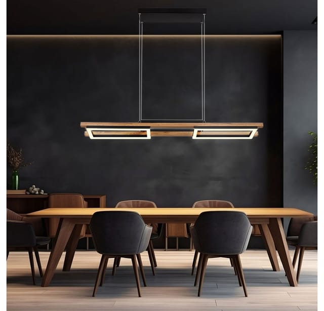 Hängelampe Deckenlampe Wohnzimmerleuchte Holzleuchte led Pendellampe Esstischleuchte, 3 Lichtstufen, Holzoptik Metall schwarz, 30W 1000lm warmweiß, h