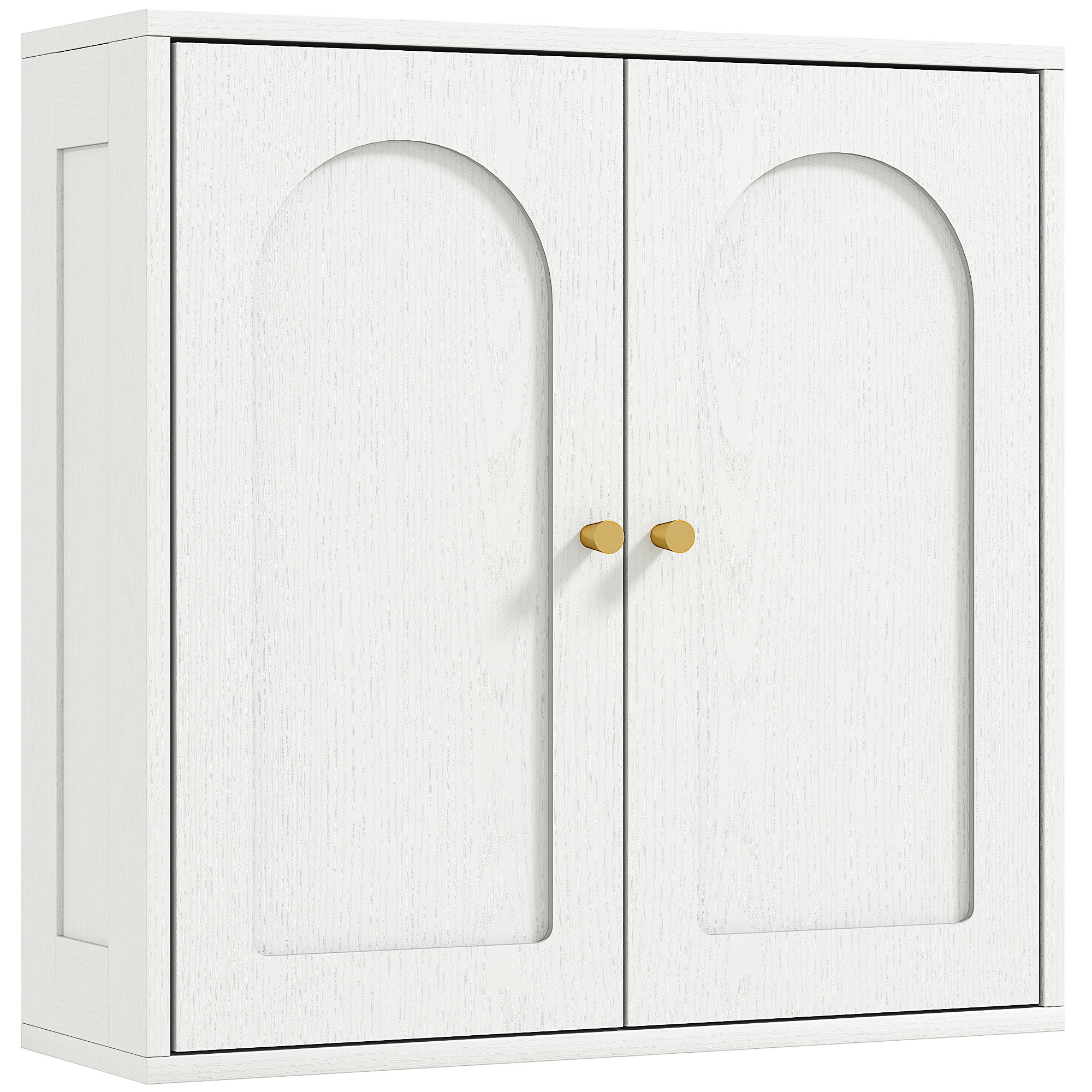 Wandhängender Badezimmerschrank Mit Regalböden, 2 Bogentüren, Goldenen Griffen, 60 X 20 X 60 Cm, Weiß