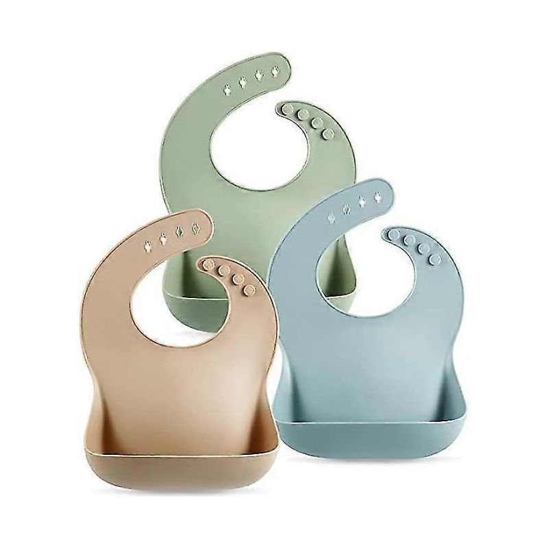 Set Mit 3 Niedlichen Silikon-lätzchen Für Babys Und Kleinkinder (10-72 Monate): Wasserdicht, Weich, Unisex, Fleckenabweisend (braun/blau/grün)