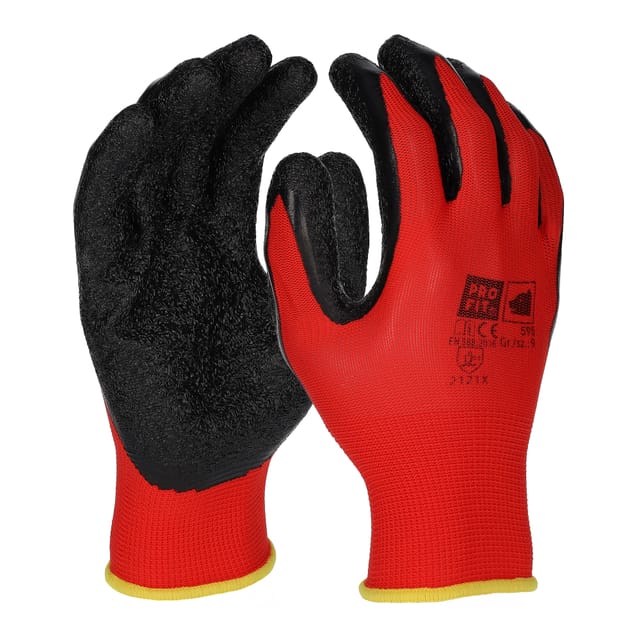 PRO FIT Latex-Feinstrickhandschuh SUPER – Größe 9 - 12 Paar, Arbeitshandschuhe atmungsaktiv, Rot/Schwarz, mit gerauter Beschichtung