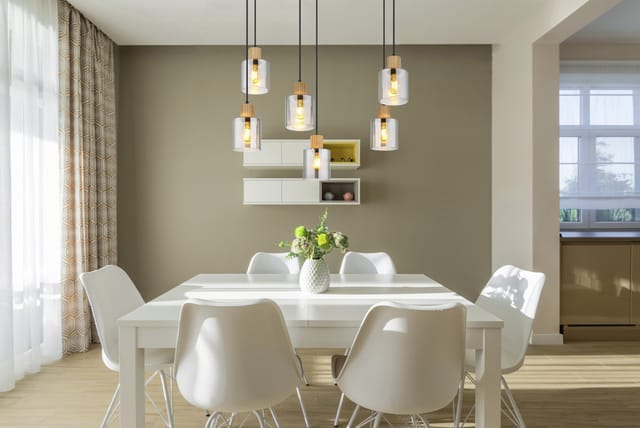 Pendellampe Esstischleuchte Rauchglas Wohnzimmerlampe Hängelampe 6 flammig Esstischleuchte, Metall, Holz, LxH 67 x 120 cm
