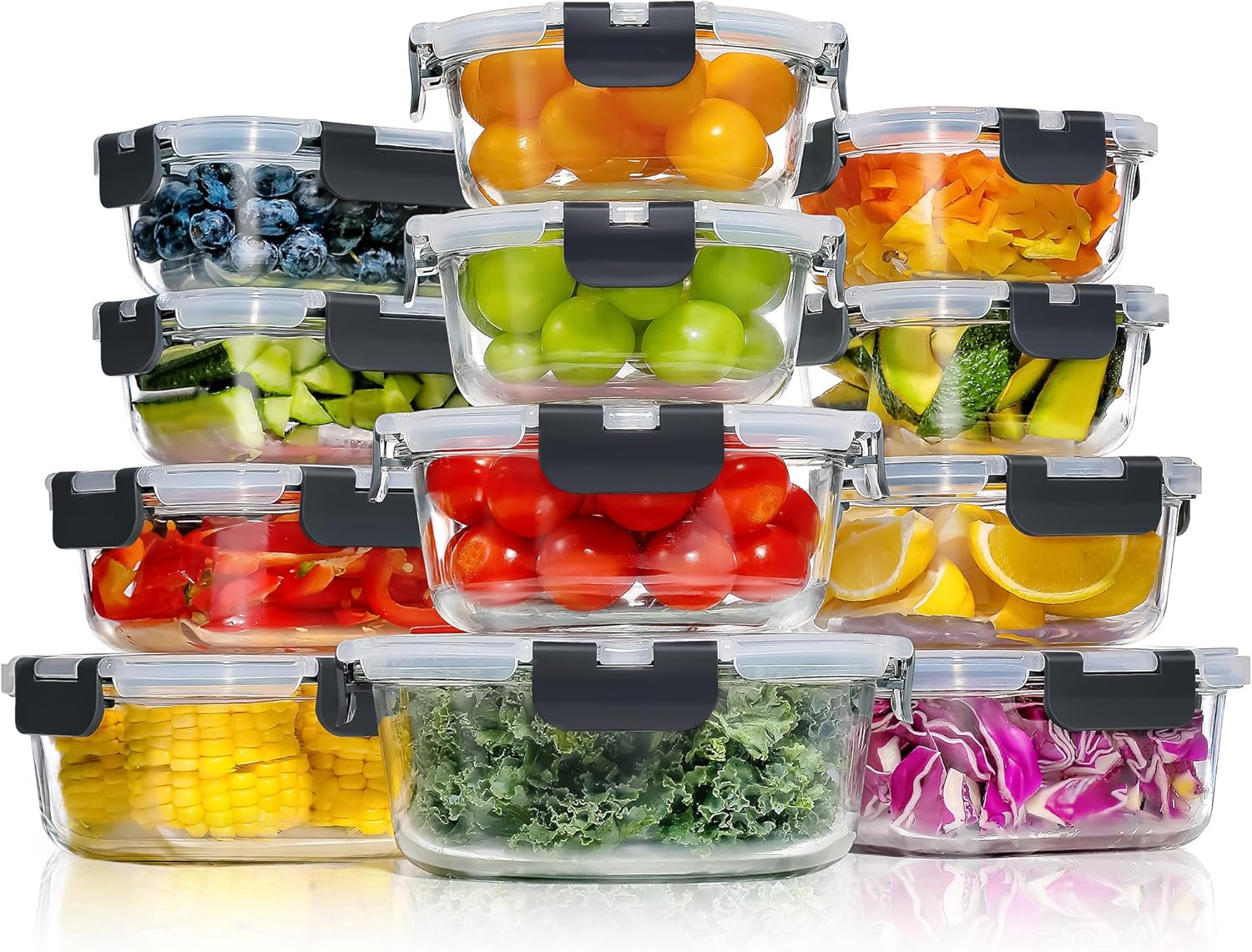 Yashe Glas-frischhaltedosen Ln-12pcs, 12 Behälter, 6,75 L, Schwarz