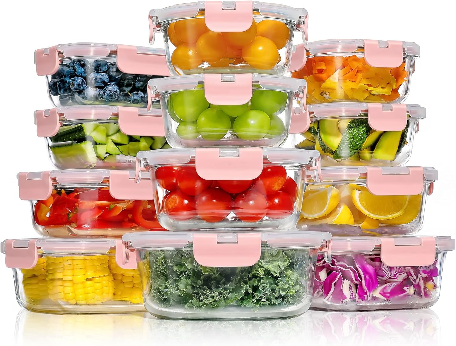 Yashe Glas-frischhaltedosen Ln-12pcs, 12 Behälter, 6,75 L, Rosa