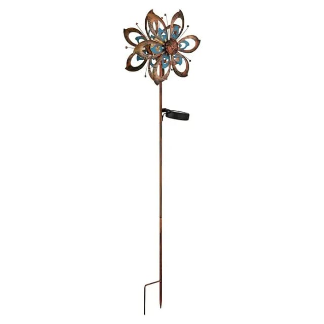 Gartendeko led Solarlampe Windrad Terrassenlampe Außenlampe Erdspieß, Metall gold blau, Bruchglas, warmweiß, LxH 22,5 x 92 cm