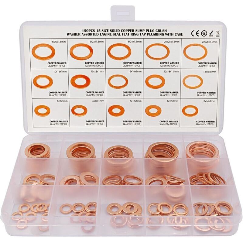 150pcs Rondelle Cuivre Joint Vidange Assortiment Kit M5, M6, M8, M10, M12, M14,m16,m18,m20,m22, 15 Tailles,rondelle Plate Pour L'Étanchéité Des Vis Bagues D'Étanchéité