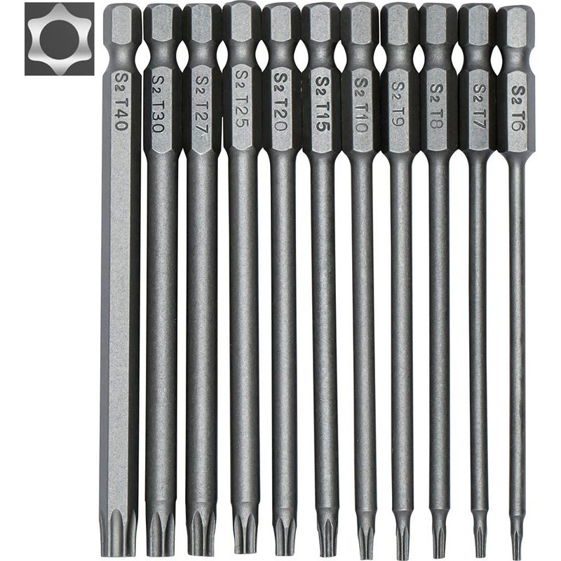Jeu De 11 Embouts Longs Torx 100 Mm – Acier Allié S2 – Tige Hexagonale 1/4' – Tailles T6 À T40 – Embouts Magnétiques Pour Espaces Restreints