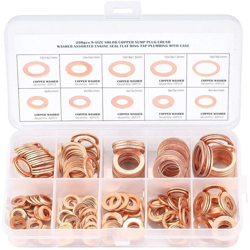 Rondelles Plates En Cuivre 200 Pièces – Dimensions M5 À M14 – Boîte De Rangement Compartimentée – Pour Connexions Électriques Et Plomberie