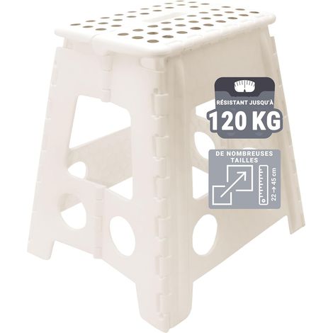 Tabouret-pliable - Tabouret-pliant Pour Enfants Et Adultes Jusqu'à 120 Kg - Revêtement-antidérapant - Poignée-de-transport - Ultra-léger - Hauteur-39 Cm - Plastique - Blanc