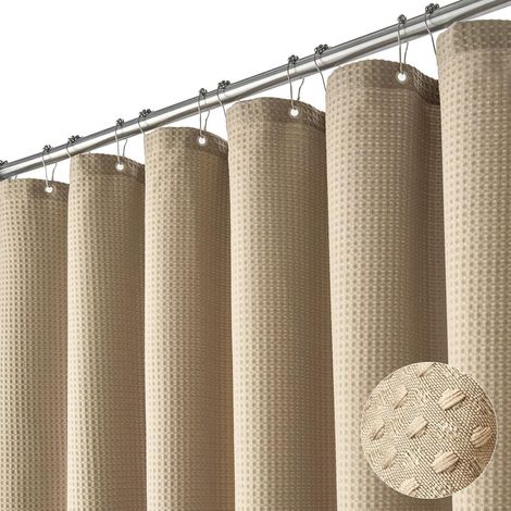 Rideau De Douche Extra Long - 230 Cm De Long - Tissu Gaufré Lesté Épais - Pour Salle De Bain, Hôtel - Avec 12 Crochets En Plastique - 180 X 230 Cm - Beige/kaki