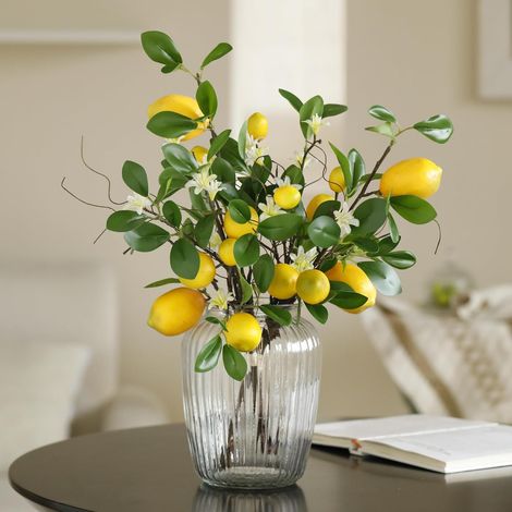 Branches De Citrons Artificielles, Bouquet De 8 Têtes De Citrons Jaunes Faux, Branches De Citron Artificiels Pour Cuisine, Salle À Manger, Chambre À Coucher, Table