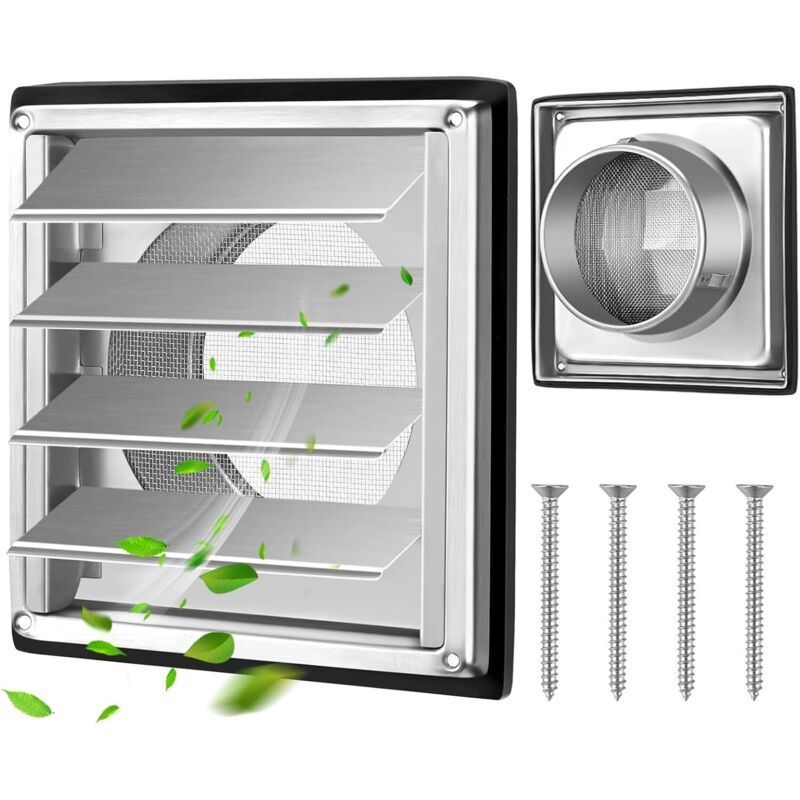 Grille D'Aération En Acier Inoxydable 100 Mm Avec Protection Contre Les Insectes, Lamelles Mobiles, Clapet Anti-retour Avec Joint Et Vis Pour Conduit Vmc Et Gaine, Hotte Aspirante
