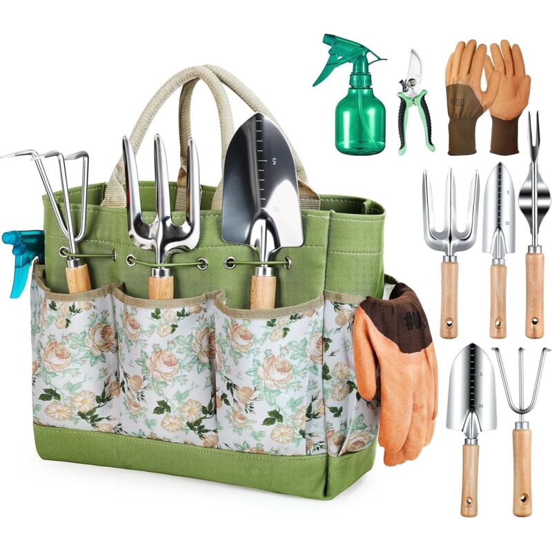 Outils De Jardinage, 9 Pièces Ensemble De Jardinage En Acier Inoxydable Avec Xl Sac De Rangement, Arrosoir, Gants De, Cadeaux De Kit Jardinage Pour Homme Et Femme
