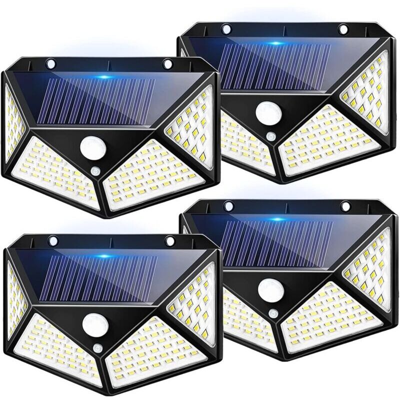 Pack De 4 Lampes Solaires Extérieures 100 Led – Éclairage 1600 Lumens – Angle 270° – Détecteur De Mouvement Jusqu'à 5m – Étanchéité Ip65