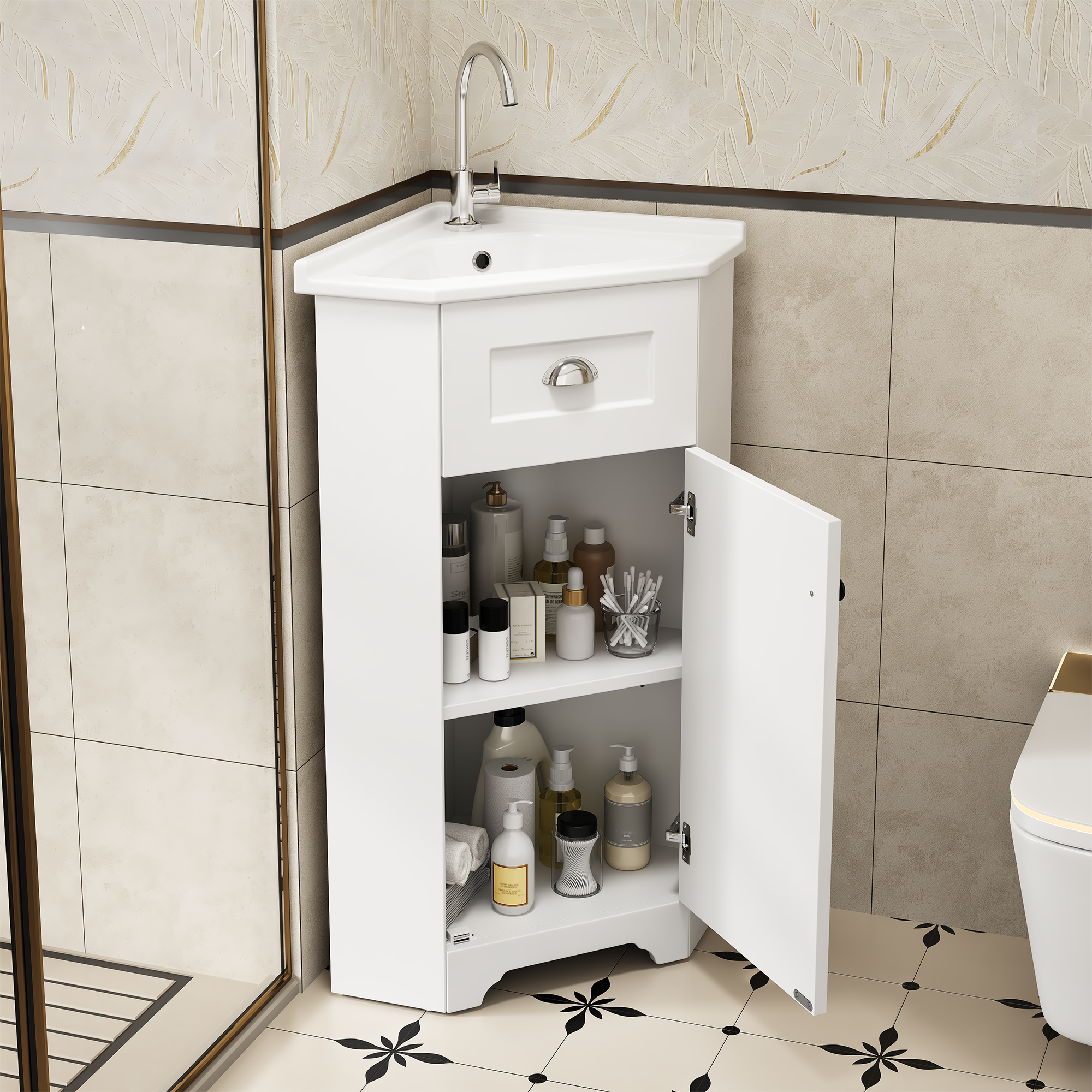 Badezimmerschrank Platzsparend Standmodell Mit Einzelwaschbecken, Mdf Wasserfester Korpus, Keramikwaschbecken, Metallgriff, Melamin Lackfreie Oberfläche, Badezimmer Aufbewahrungsschrank,weiß. – Allesk