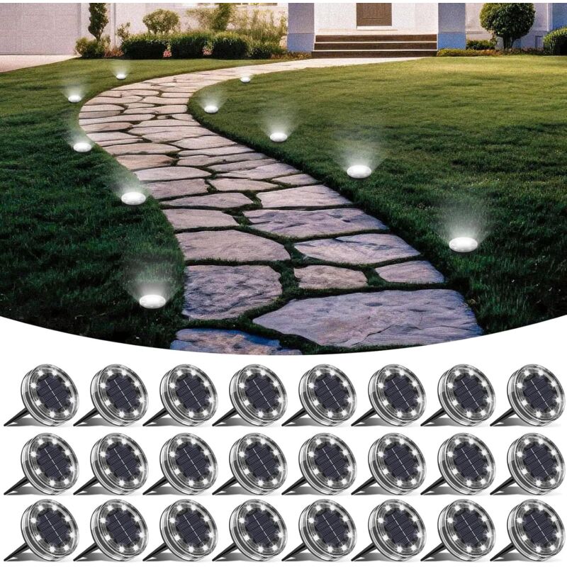 Lot De 24 Lampe Solaire Au Sol, 8 Led Lumiere Solaire Exterieur Jardin Ip68 Étanche, Spot Solaire Extérieur Pour Chemins Pelouse Terrasse Allée Cour Piscine Passerelle, Blanc Froid
