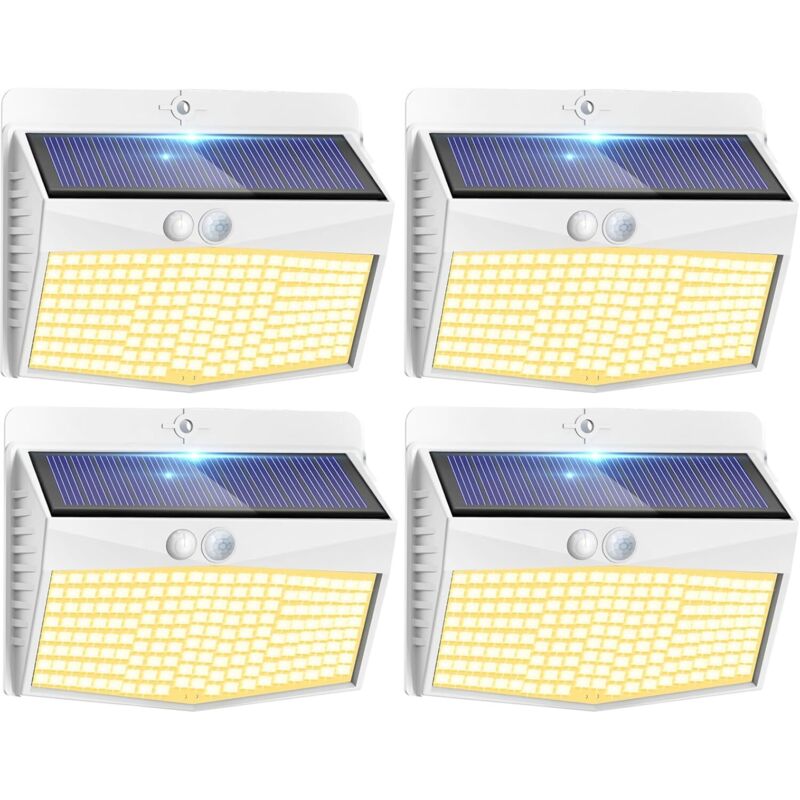 Lampe Solaire Exterieur Detecteur De Mouvement Lot De 4, Led Lumiere Extérieur Avec Détecteur, 3 Modes/etanche Spot Solaire, Eclairage Extérieure Pour Jardin Murale Garage, Blanc Chaud
