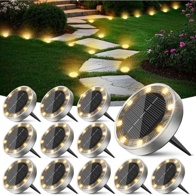 Lumiere Solaire Au Sol Lot De 12, Lampe Solaire Exterieur Jardin 8 Led, Étanche Spot Solaire Extérieur Pour Chemins Allée Pelouse Terrasse Cour Piscine[blanc Chaud]