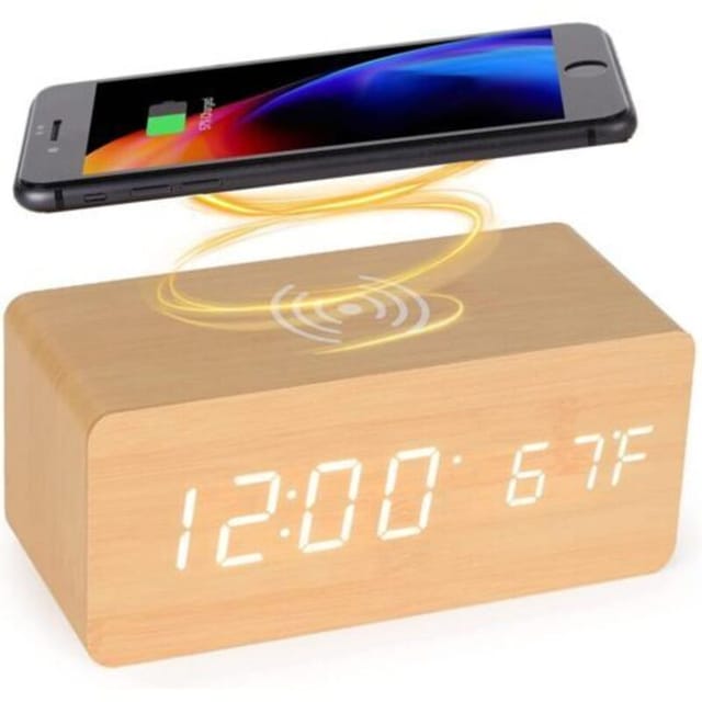 Digitaler Wecker aus Holz mit kabelloser Ladestation, 5-W-Schnellladegerät für iPhone/Samsung Galaxy, sprachgesteuerter, nicht tickender Wecker, für