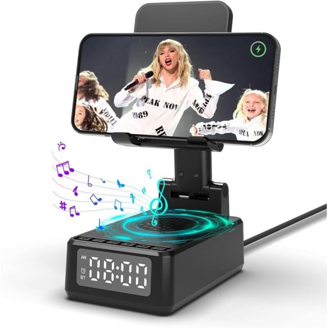 Tragbarer 5-in-1-Bluetooth-Lautsprecher, Morgenwecker, kabelloses Ladegerät, faltbare Halterung für Büro-Handy, Geschenkidee zum Männergeburtstag,