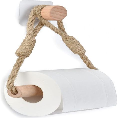 1 Papierrollenhalter, Industriedesign, Hanfseil Und Holz, Befestigung Mit Schrauben Oder Klebstoff, Badezimmer