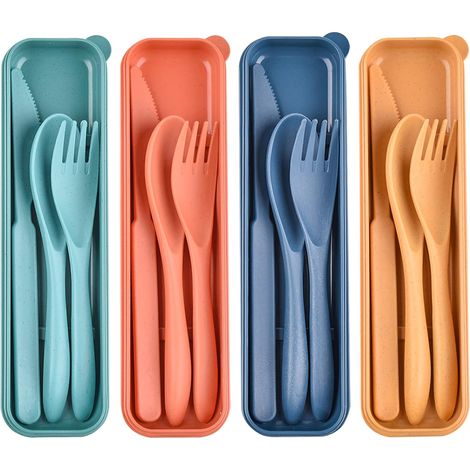 Set Für 4 Personen – Wiederverwendbares Besteck Aus Weizenstroh – Tragbar Mit Beutel – Spülmaschinenfest – Ideal Für Camping Und Reisen