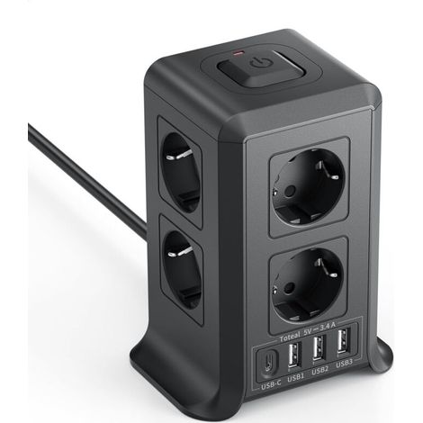 Steckdosenleiste Mit Schalter - 8 Netzsteckdosen Und 4 Usb-anschlüsse - Geeignet Für Büros Und Wohnzimmer - 5 Meter Kabel, Schwarz.