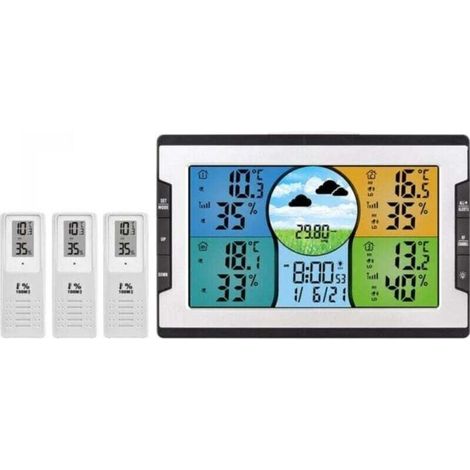 Funkwetterstation Mit 3 Außensensoren, Digitalem Farbdisplay, Thermometer, Hygrometer, Barometer, Wettervorhersage Und Einstellbarer Hintergrundbeleuchtung