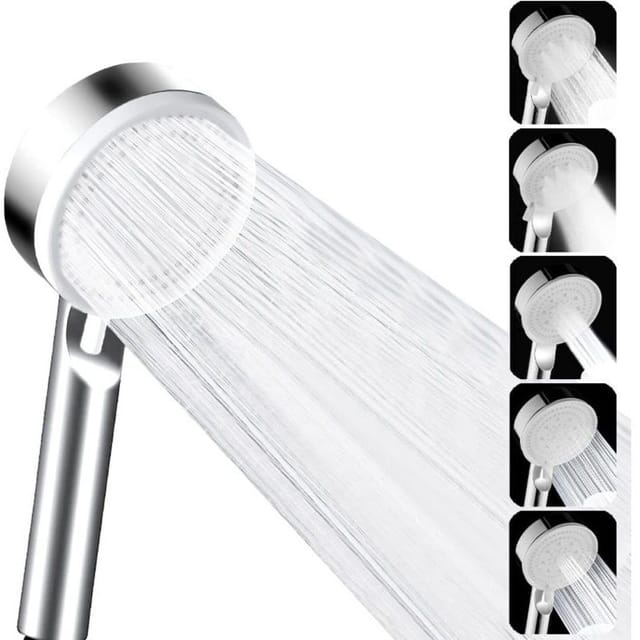 Duschkopf, hoher Wasserdruck, 5 Strahlarten, wassersparend, für Badezimmer, silber