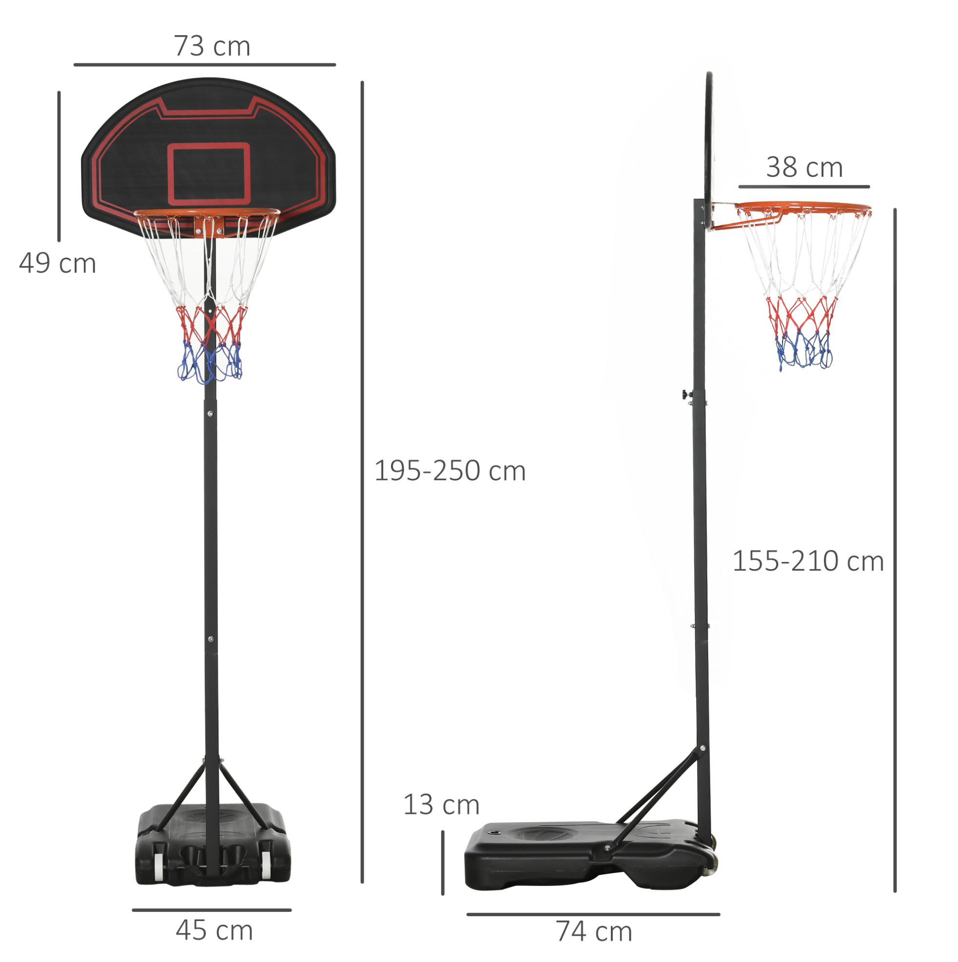 Höhenverstellbarer Basketballkorb Für Draußen 195–250 Cm, Mit Rollen, Schwarz Okmyhome