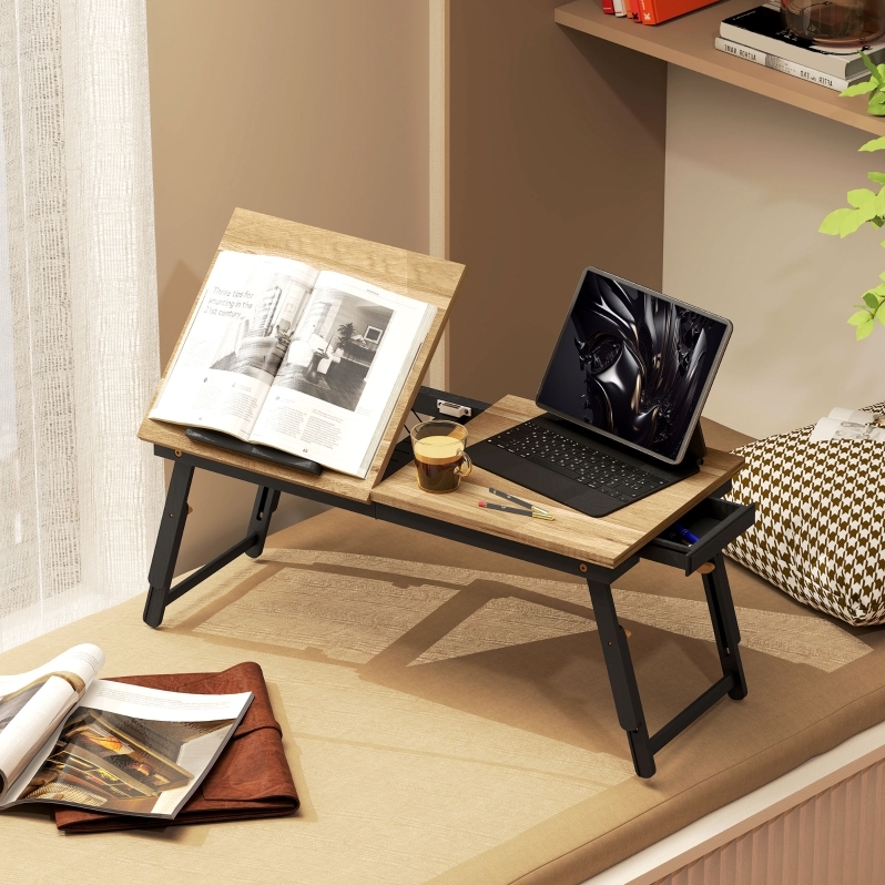 Verstellbarer Und Neigbarer Betttisch Mit Schublade, Klappbar, 83,5 X 33 Cm, Eiche Okmyhome