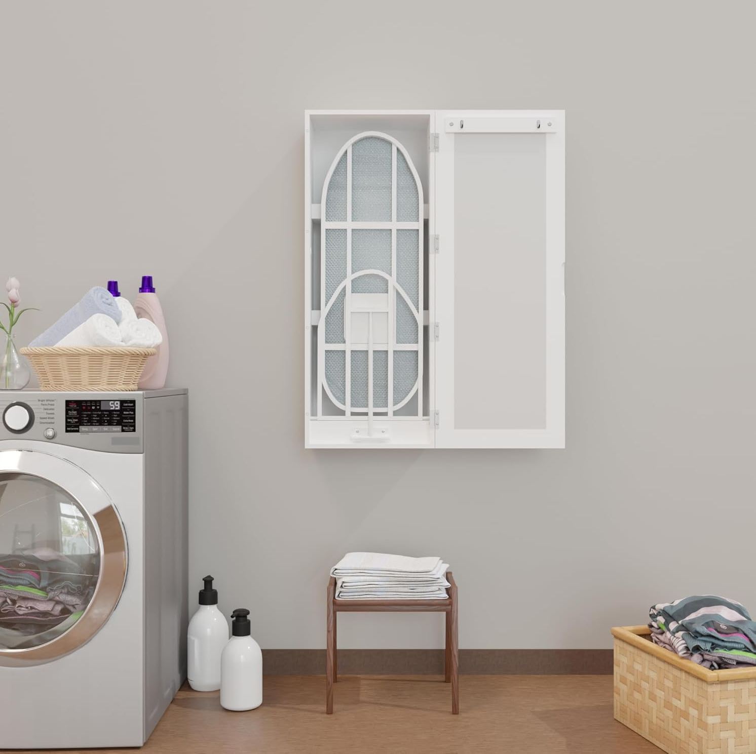 Wandbügelbrett Mit Aufbewahrungsschrank Und Spiegel, Weiß 103 X 43,5 X 27 Cm Okmyhome
