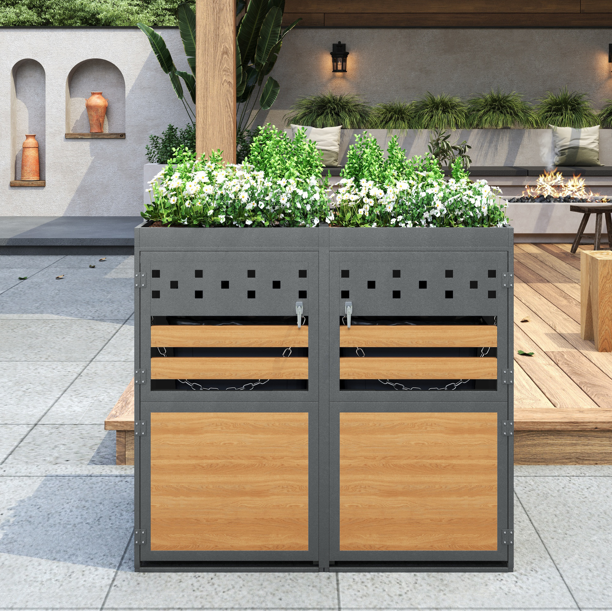 Mülletonnenbox 2er-set Mit Pflanzdach, Für 2 Tonnen À 120–240 L, Anthrazit, Okmyhome